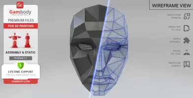 Geometric mask split into solid and wireframe views for 3D printing, shown with Gambody branding.