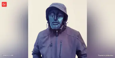 Geometric mask on person in hooded jacket, inspired by 'Squid Game.'
