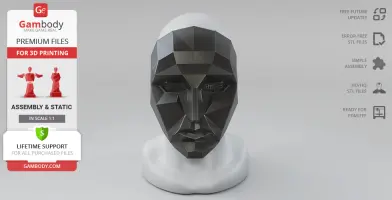 Angular geometric dark mask with panel details on a display stand, designed for 3D printing.