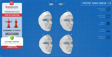 Polygonal 3D mask model for printing, resembling a stylized human face; blueprint-style presentation.