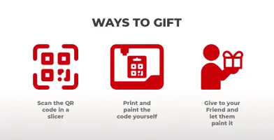 Gift card image shows gifting methods: scan QR code, print and paint, or give to a friend with a gift icon.