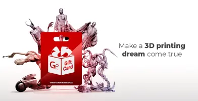 Gift card for purchasing 3D printing STL files, featuring various character models and 'Make a 3D printing dream come true' text.