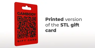 Red Gambody gift card for purchasing STL files, featuring a QR code.
