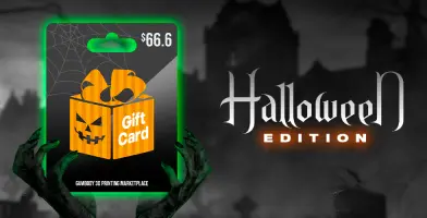 $66.6 Halloween Gift Card for Gambody 3D Printing STL files, with a pumpkin box design and spooky background.