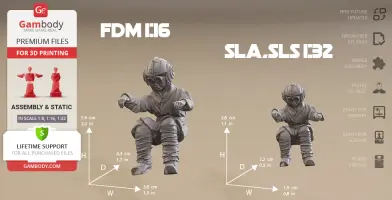 3D model of a young pilot in gear, ready for printing at two scales (FDM 1:16, SLA 1:32).