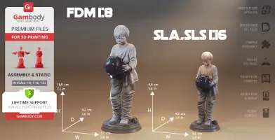 Young child figure in loose clothing, holding a helmet, for 3D printing in various scales.