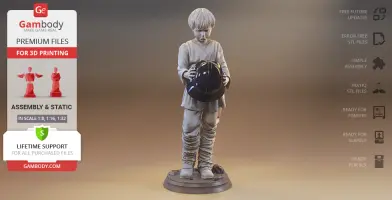 Young boy figurine holding a helmet, standing on a circular base.