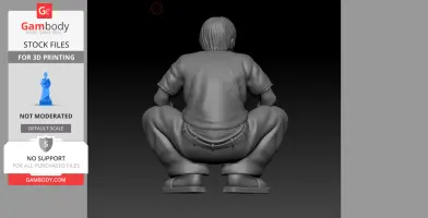 A 3D model of a squatting man with short hair, wearing casual clothes and sandals, viewed from the back.