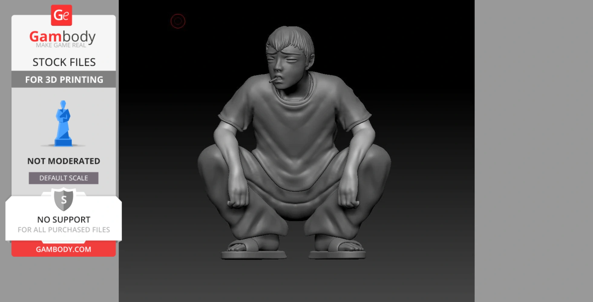 A 3D figurine of a person squatting with a cigarette, wearing a T-shirt and sandals.