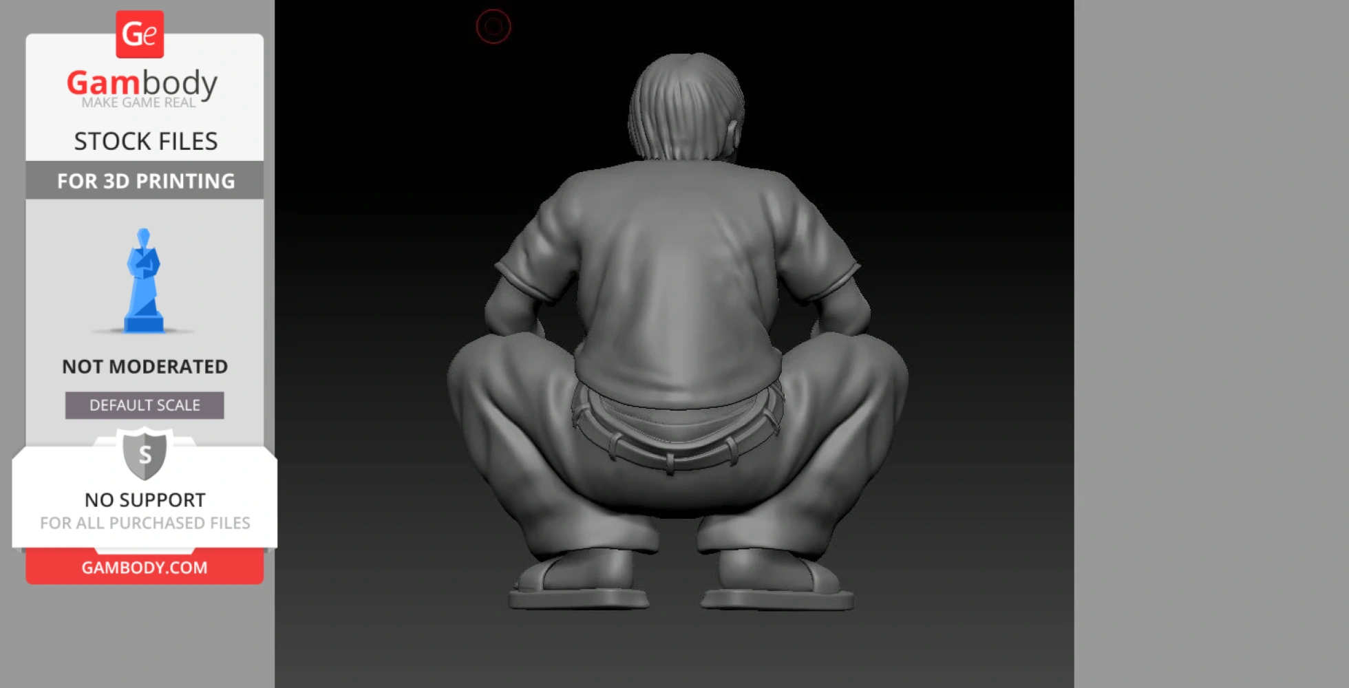 A 3D model of a squatting man with short hair, wearing casual clothes and sandals, viewed from the back.
