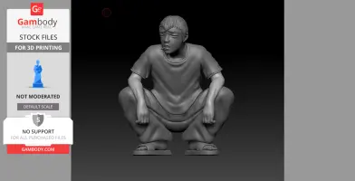 A 3D figurine of a person squatting with a cigarette, wearing a T-shirt and sandals.