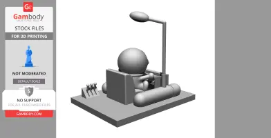 3D model of a character sitting in a time machine with levers and a lamp on a platform.
