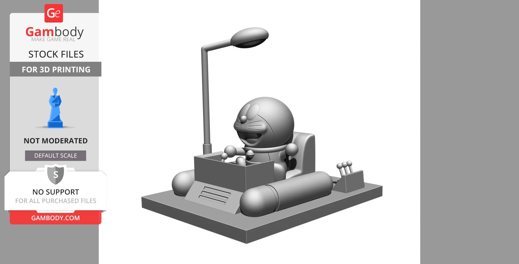 A 3D model of a character in a time machine vehicle, featuring a control panel and overhead lamp.
