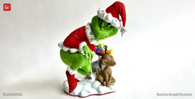 Grinch in Santa outfit with Max the dog on a snowy base, ready for 3D printing.