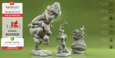 The Grinch squats beside Max the dog, with a sack full of gifts behind them, in a 3D printable model.