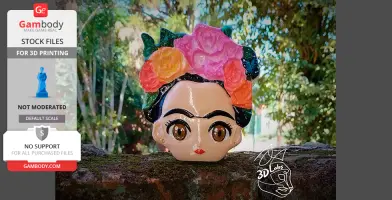 A 3D-printed planter shaped like a woman's head with colorful flowers in her hair.