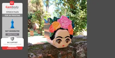 Stylized planter pot shaped like a woman's head with colorful flowers in her hair.