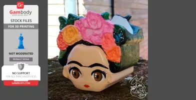 Colorful planter shaped like a woman's head with flowers and vibrant details.