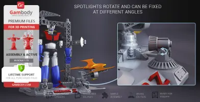 Mazinger Z model on a display base, featuring rotating spotlights and detailed assembly for 3D printing.