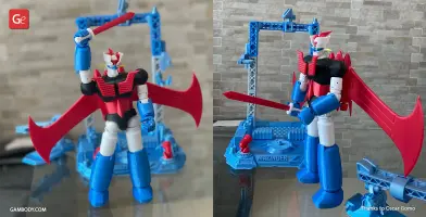 Mazinger Z 3D model with red wings and sword on a detailed display base.