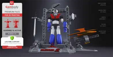 Mazinger Z robot model for 3D printing, featuring detailed parts and assembly frame.