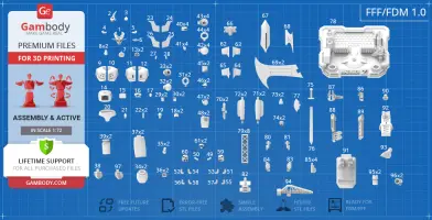 Blueprint of Mazinger Z 3D printable parts, showing various components for assembly, provided by Gambody.