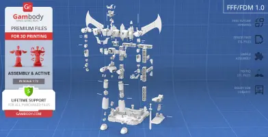 Exploded view of Mazinger Z 3D model parts for printing, displayed on a blue grid background.