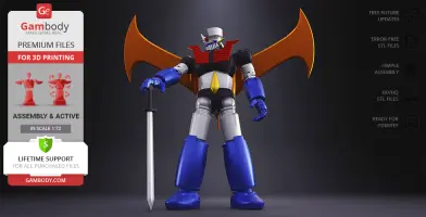A detailed 3D model of Mazinger Z with a sword and large orange wings, ready for 3D printing.