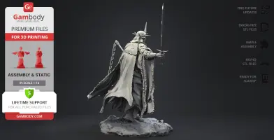 A detailed 3D model of a cloaked figure with a sword, designed for resin 3D printing.