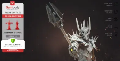 A detailed 3D model of a fantasy armored figure with a spiked helmet, holding a large, menacing mace.