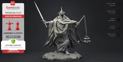 A dark, armored figure with a spiked helmet holding a sword and chain weapon, standing on a rocky base.