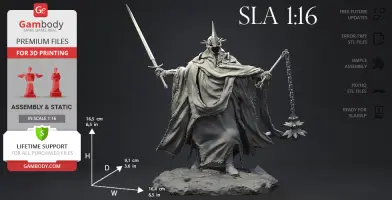 A detailed 3D model of a cloaked, armored figure with a spiked helmet, holding a sword and flail.