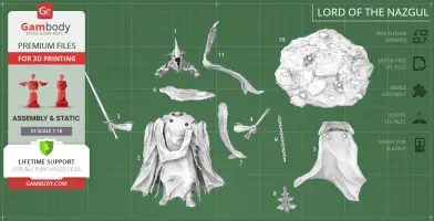 3D printing parts for Lord of the Nazgul model, including armor, cape, and base.