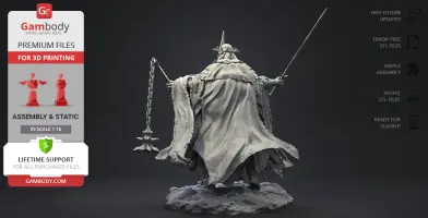 A detailed 3D model of a cloaked figure with a sword and mace, on a rocky base, for 3D printing.