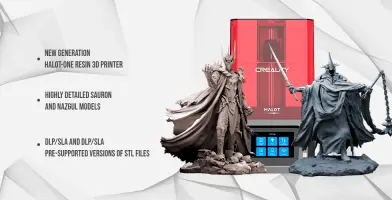 Creality HALOT-ONE 3D printer with detailed Sauron and Nazgul models, featuring DLP/SLA technology.