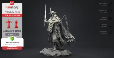 A detailed 3D model of a cloaked figure with a sword and chain, on a textured base.