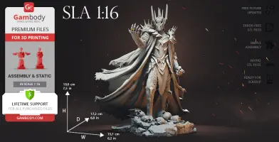 Sauron figurine stands on rocky base with skulls, wearing armor and a spiked helmet, ready for 3D printing.