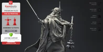 A detailed 3D model of a hooded figure with a spiked helmet, holding a sword and a mace.