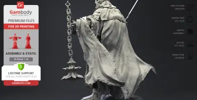 A 3D model of a cloaked figure with a spiked mace. Gambody offers premium files for 3D printing.