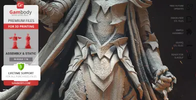 Close-up of a detailed armored figure from a 3D printable model by Gambody, showcasing intricate patterns.