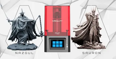 A Creality HALOT-ONE resin 3D printer is flanked by 3D models of Nazgul and Sauron.