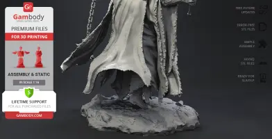 A 3D model of a detailed cloaked figure, meant for resin printing, with assembly and support info from Gambody.
