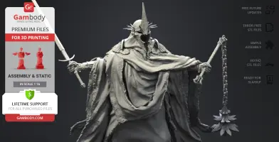 A 3D model of a menacing, armored figure with spiked helmet and weapons, ready for 3D printing.