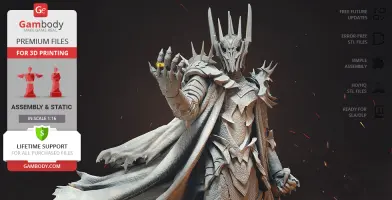 A detailed 3D printed figure of a spiked armored character with a ring. Includes features from Gambody.