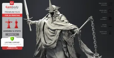 A detailed 3D model of a Nazgul, armored and cloaked, wielding a sword and flail.