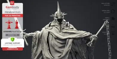 A detailed 3D model of a cloaked figure with a spiked helmet, holding a sword, for 3D printing.