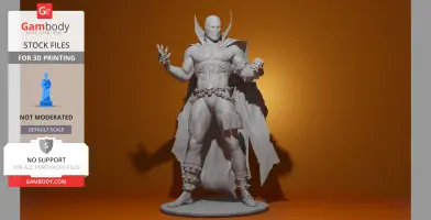 A muscular figure with chains, spiked armor, and a cape in a dynamic pose for 3D printing.