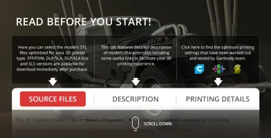 Promo image for 3D printing Nux Car model, showing tabs for source files, description, and printing details.