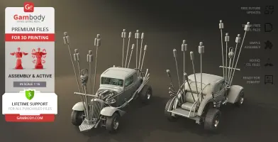 Two rugged, customized vehicles with tall exhaust pipes for 3D printing, displayed on a promotional banner.