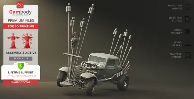 Armored custom car model with tall exhausts, designed for 3D printing.